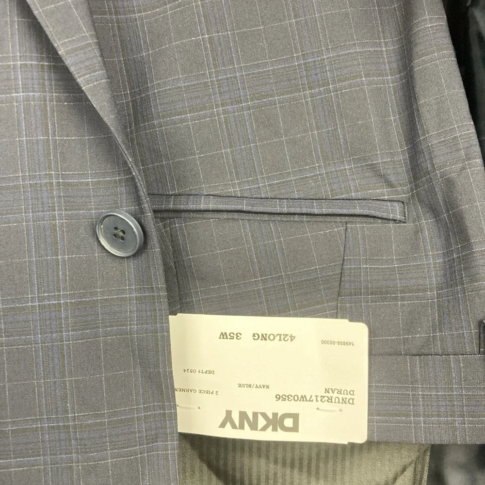 DKNY Mens Modern‎ fit 2-pc Suit Jacket 40L Navy Blue Solid Plaid Pants 35W 33L